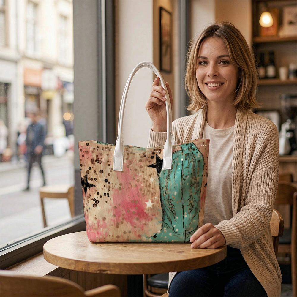 Western Cowboy Boots Print Tote Bag Portable Casual Versatile Women Daily Shoulder Bag