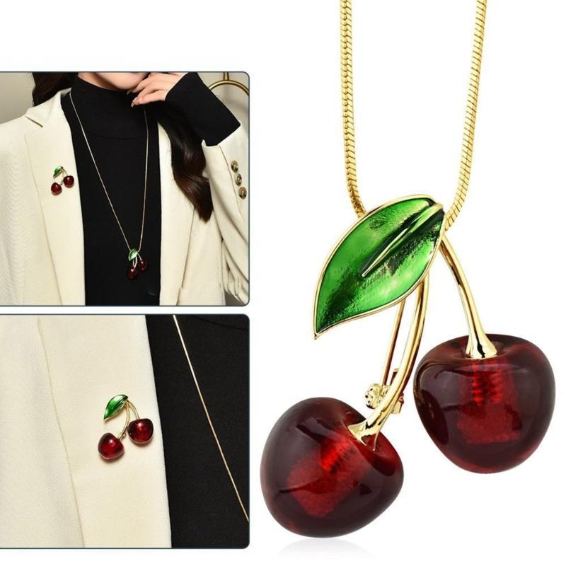 Colar com Pingente de Cereja Colar Corrente para Suéter Acessório de Moda Textura de Cristal Artificial Presente para Mulheres da Moda