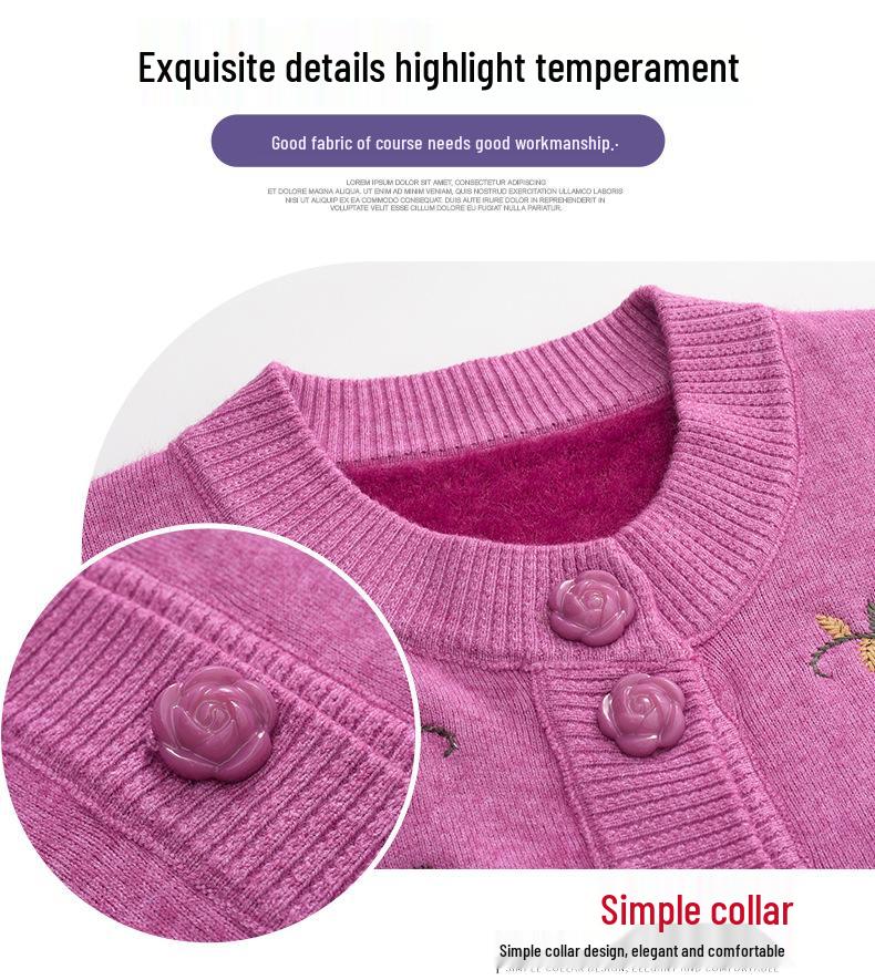 Dámský plusový sametový zesílený kardigan - Jarní a podzimní pletený svetr pro středního věku a starší