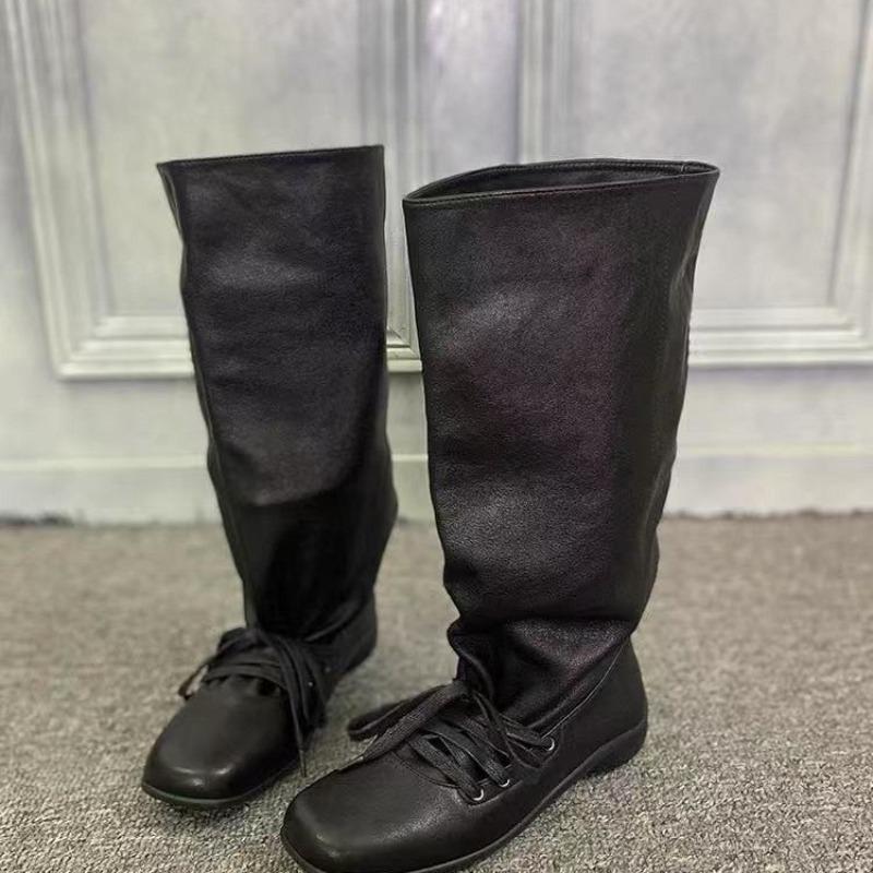 Vintage western pile boots women's autumn new soft leather lace-up pleated medium tube boots sleeve thin boots