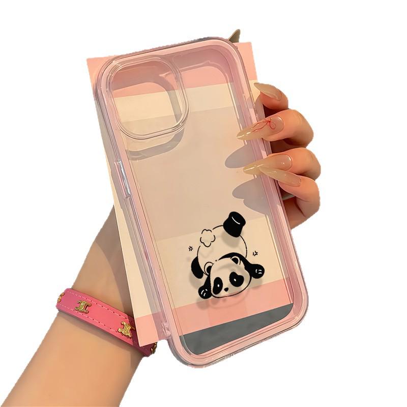 Panda Apple Phone Case for iPhone 16 Pro Max/17, Cute, Drop-proof, Large Hole Design, Transparent Soft Cover