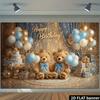 Sfondo Compleanno 2D Orsacchiotto Blu Oro con Corona & Palloncini Sfondo per Ragazzi
