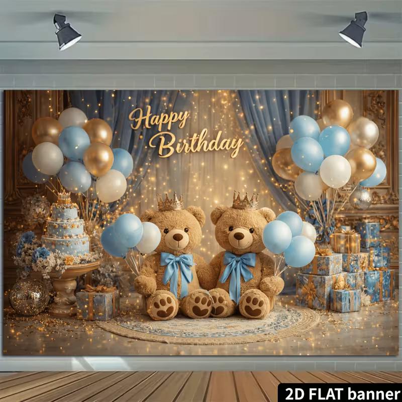 Sfondo Compleanno 2D Orsacchiotto Blu Oro con Corona & Palloncini Sfondo per Ragazzi