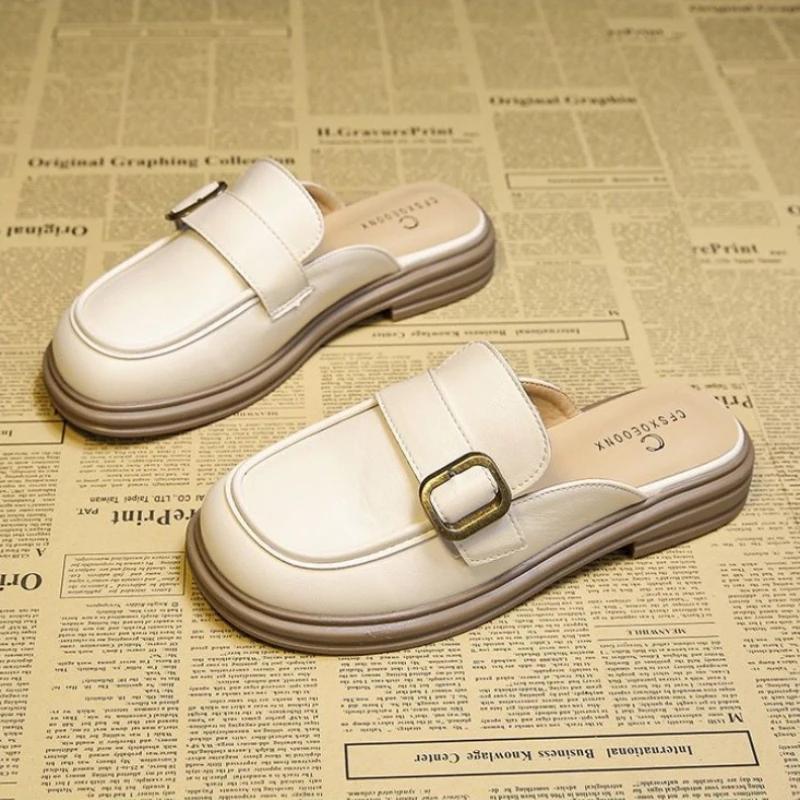 Fashion Leather Women's Slippers And Ladies Sandals Round Toe Mules Shoes Black Slides On Promotion Youthful Emo Sale Easy Wears Eva 39