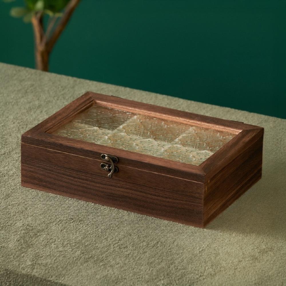 Vintage Glass Cover Jewelry Box Decorative Solid Wood Storage Cabinet Table Organizer