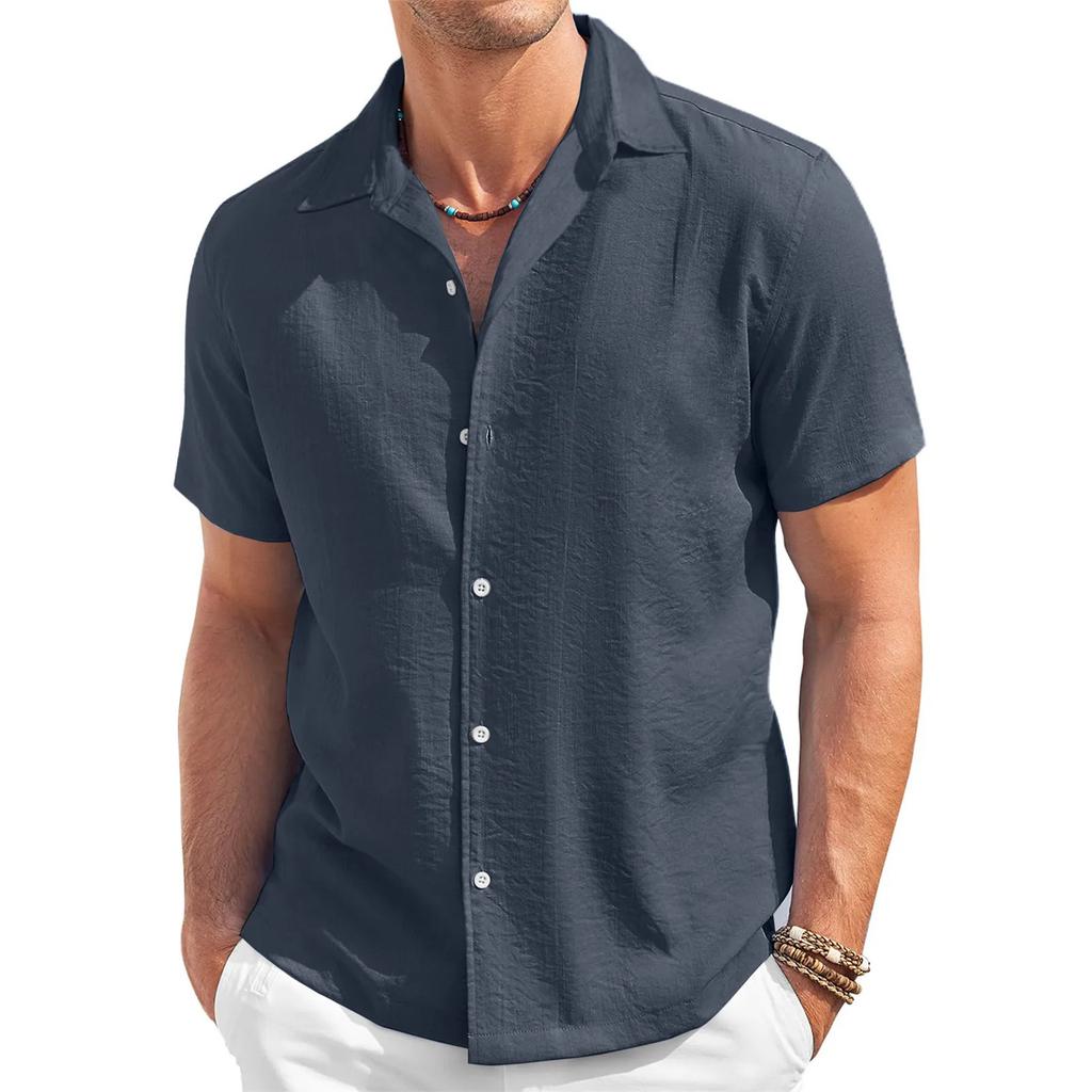 Men's Fashion Collar Solid Color Short Sleeved Cotton Linen Shirt Button Casual Shirt Top