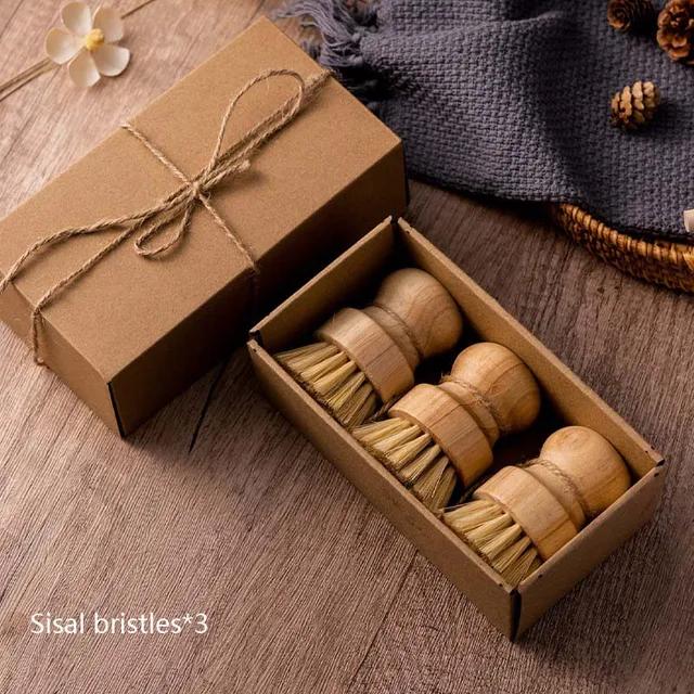 Bamboo Round 3 Packs Mini Dish Brush Natural Scrub Brush Durable Scrubber Cleaning Kit with Union Fiber and Tampico Fiber