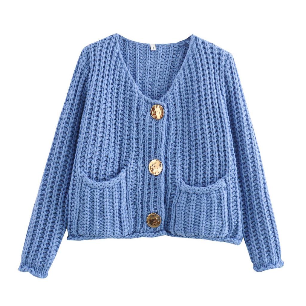 Women's Knitted Sweater Jacket - 15 Colors, Autumn/Winter, European & American Style, Short with Large Pockets, Three-Button Design (2024).