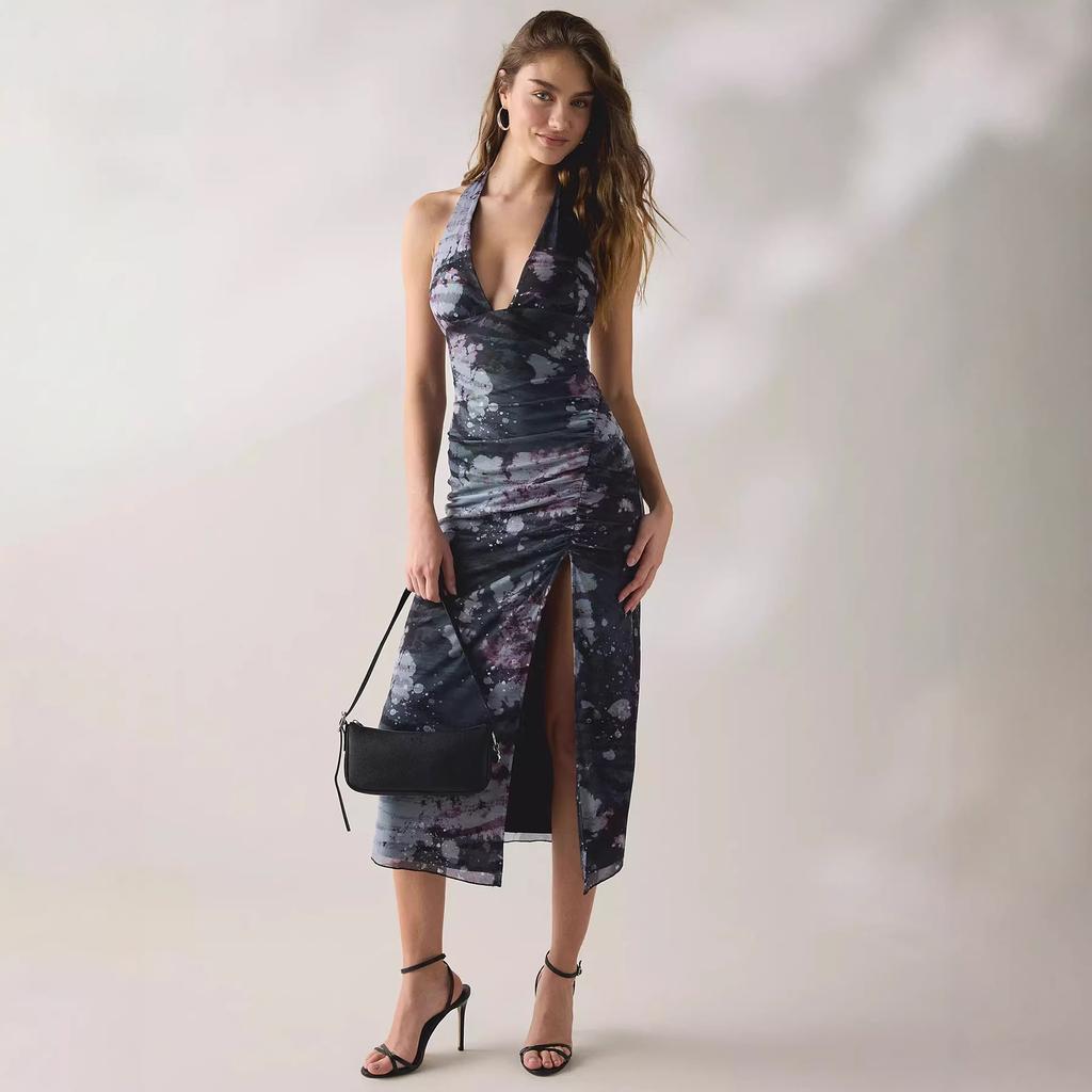 American Spice Girl Style Neck Dress Women's Summer Split Forked Fine Glitter Printed Mesh Dress Side Pleated Sexy Long Skirt