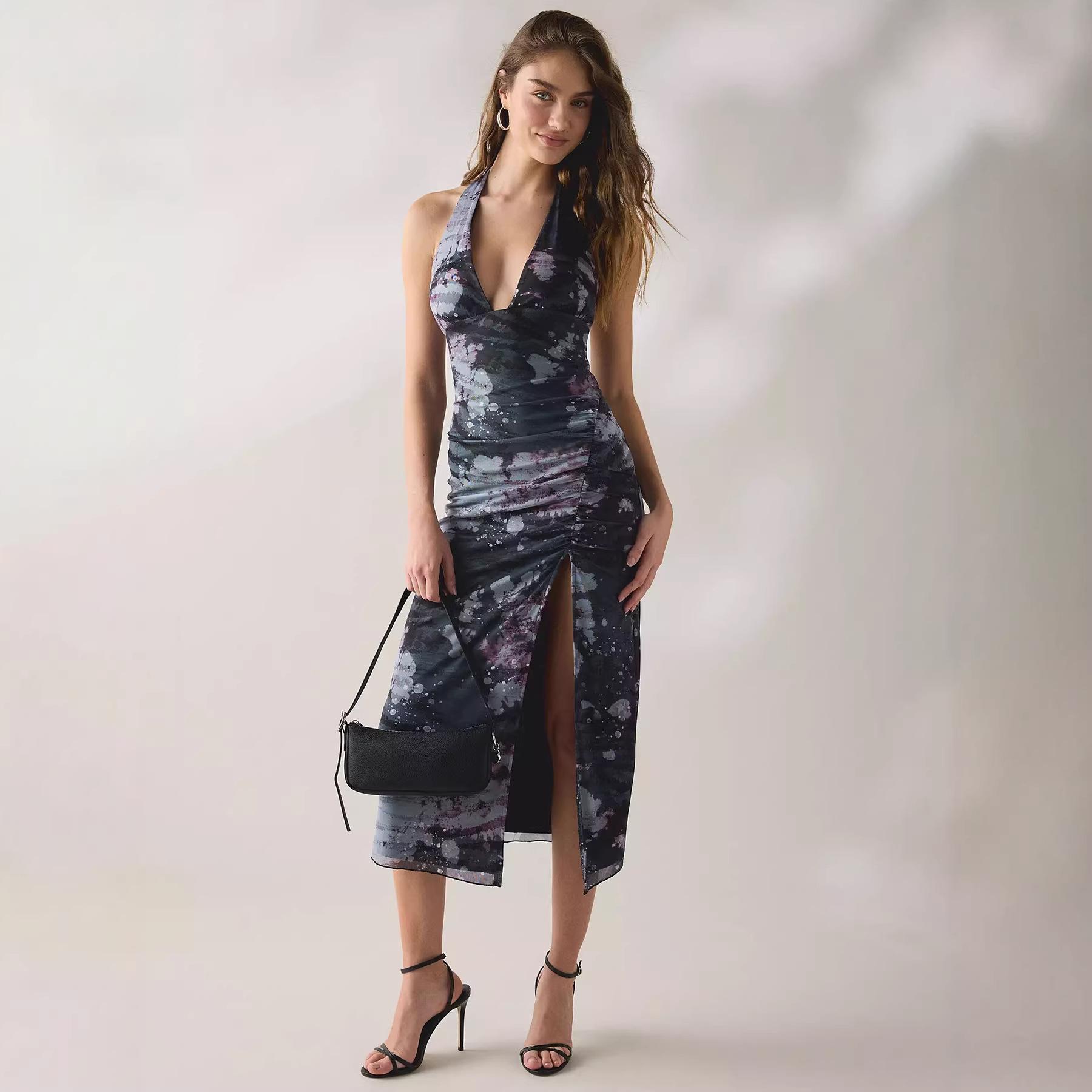

American Spice Girl Style Neck Dress Women s Summer Split Forked Fine Glitter Printed Mesh Dress Side Pleated Sexy Long Skirt XS