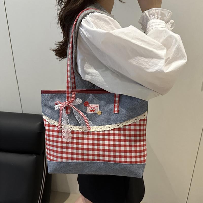 Yogodlns New Simple Style Women's Bag Retro Lattice Casual Plaid Underarm Bag Fashionable Sweet Bowknot Large Capacity Shoulder Totes
