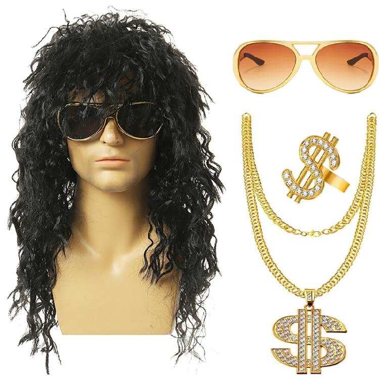 80s Disco Costume Accessories Hippie Glasses Curly Rock Wig Necklace for Unisex
