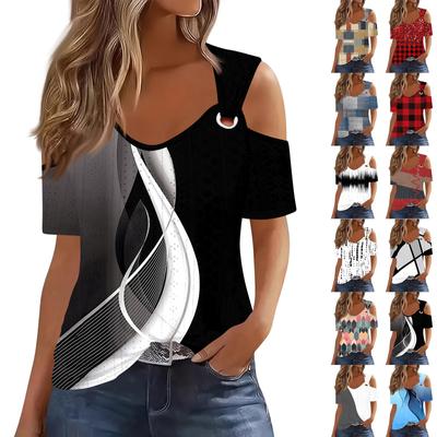 Sexy Cold Sholuder Tops For Women  Summer Hollow Out Eyelet Short Sleeve Blouse Loose V Neck Tshirt Trendy Casual Tunics