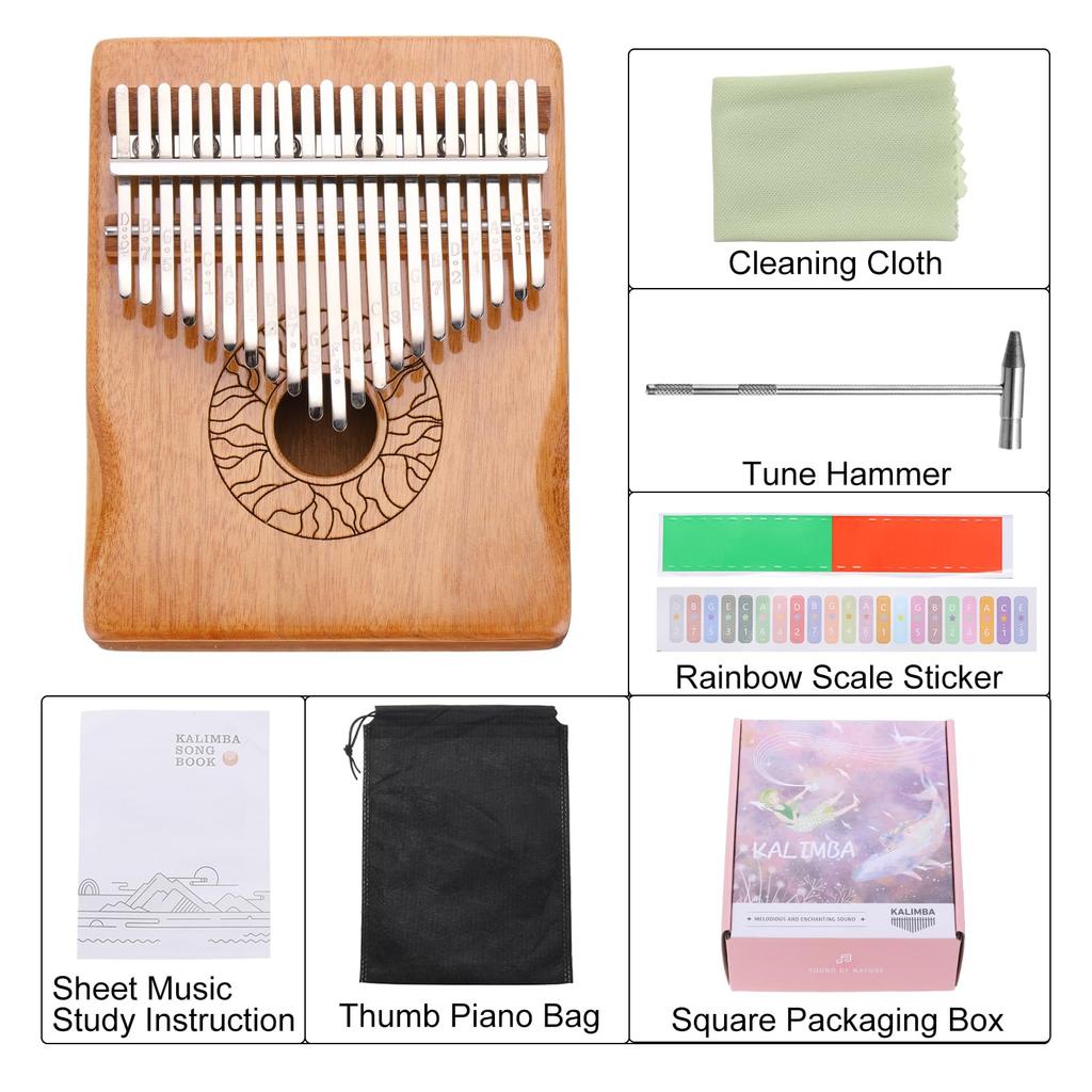 uxcell 21-Key Thumb Piano, Brown Mini Portable Finger Piano, Solid Koa Wood with Floral Handrails, Tuning Hammer, and Gift Sheet Music Learning
