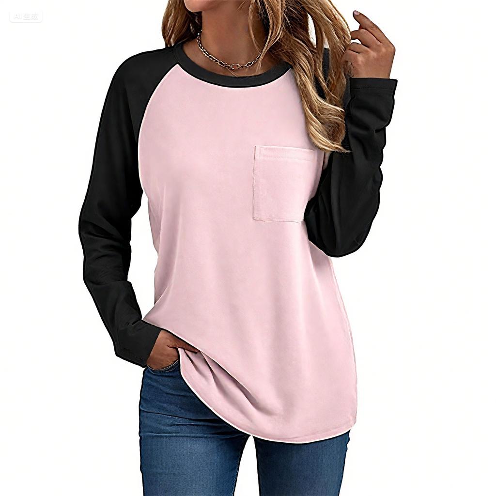 Damen T-Shirt Einfarbig Rundhalsausschnitt Tasche Langarm Oberteil