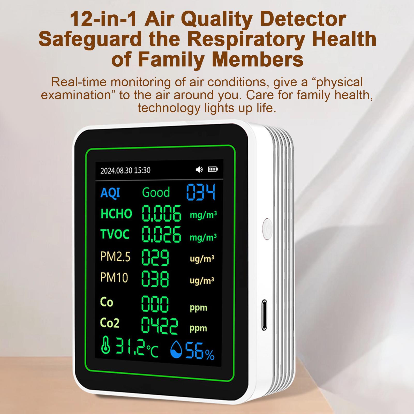 

12 in 1 Air Quality Monitor with 2.8 Inch Color Screen, Detects HCHO, TVOC, PM2.5, PM10, CO, CO₂, Temperature and MT14 White 12-in-1