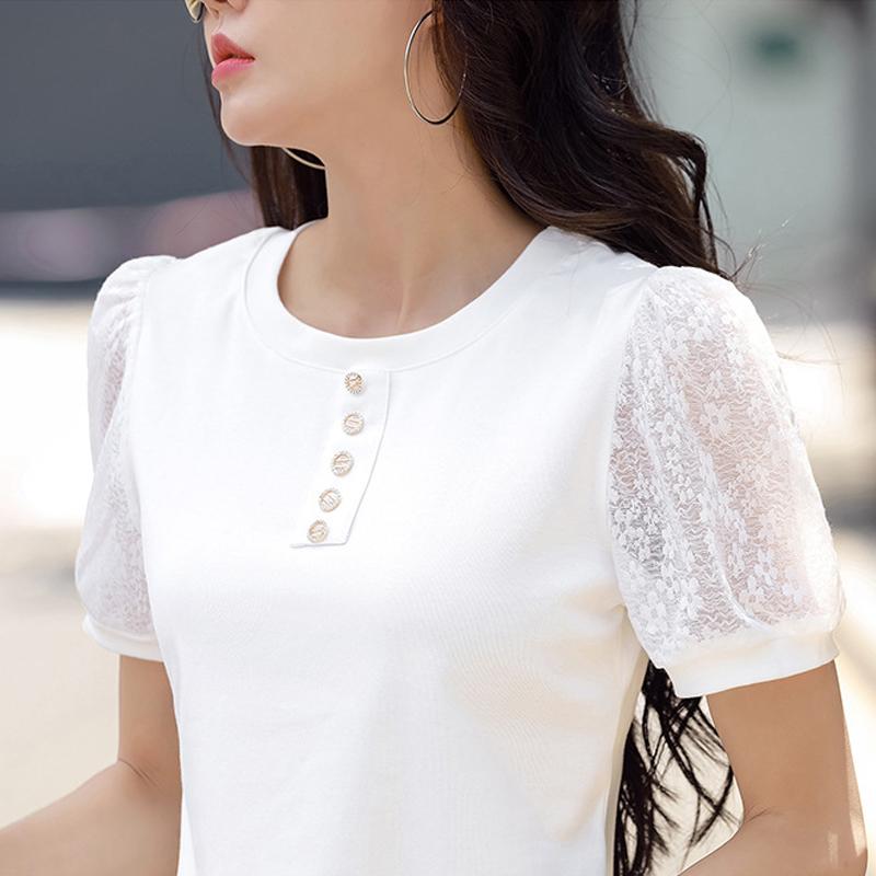 Été Patchwork dentelle fleur manches bouffantes coton T-Shirt boutons col rond femmes élégantes dames mince hauts à la mode