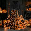 Women's Long Sleeve V Neck Vintage Halloween Dress with Pumpkin Print Retro Casual Midi Dress with Waist Tie for Seasonal Wear