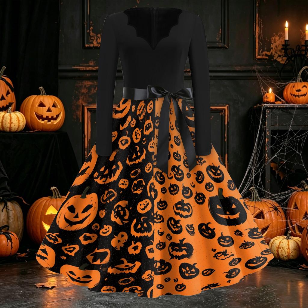 Women's Long Sleeve V Neck Vintage Halloween Dress with Pumpkin Print Retro Casual Midi Dress with Waist Tie for Seasonal Wear