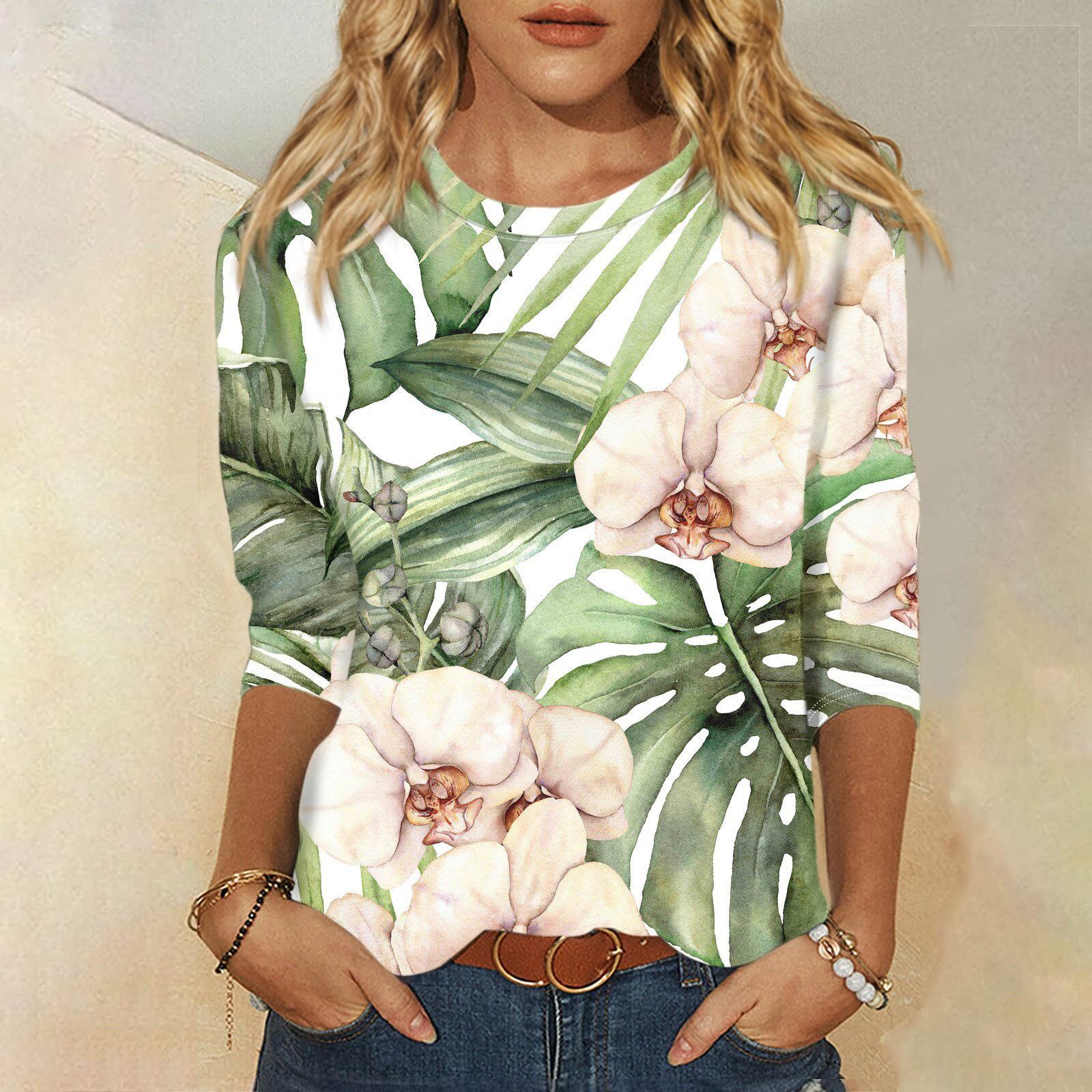 

Женская модная повседневная свободная футболка с круглым вырезом и рукавами 3/4 с принтом, женский топ L