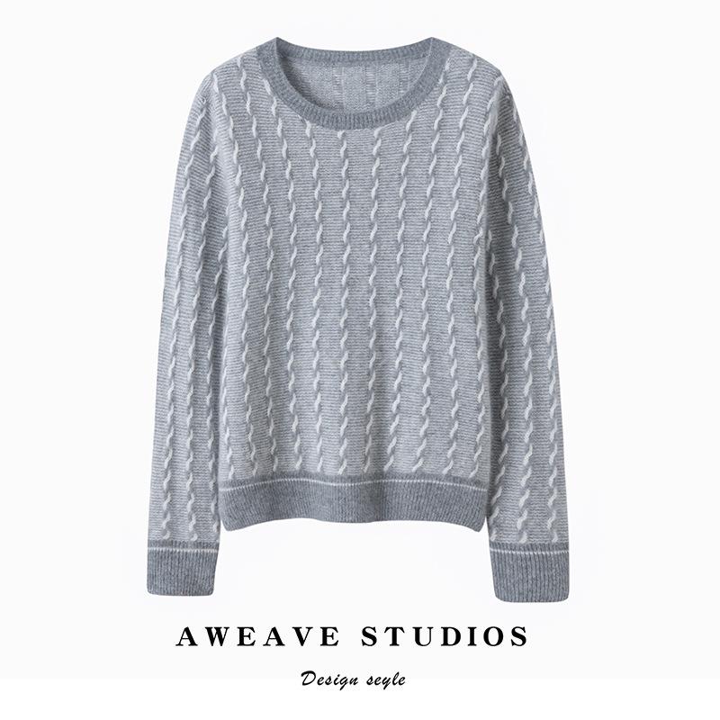 Seven-Gauge Pure Cashmere Round Neck Contrast Color Loose Sweater
