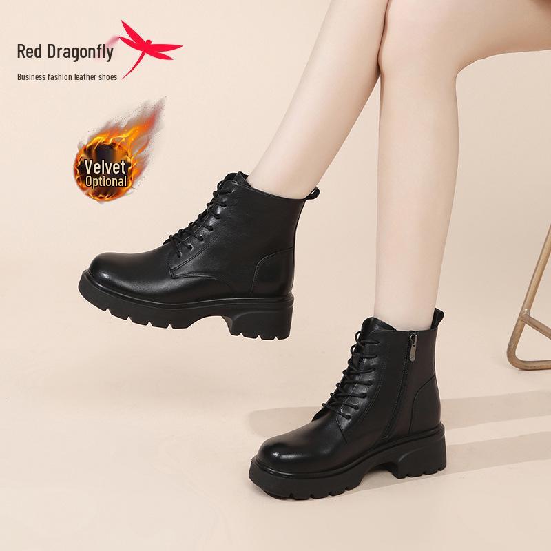 Red Dragonfly Women's British Style Real Leather Winter Boots Thick-Soled Velvet Short Martin Boots, 2024 New Arrivals