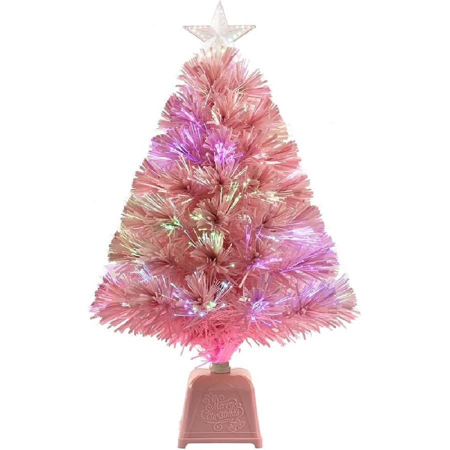 24-дюймовая зеленая оптоволоконная рождественская елка, предварительно освещенная искусственная мини-рождественская елка, настольная маленькая рождественская елка со звездами, праздничные украшения для дома розовый