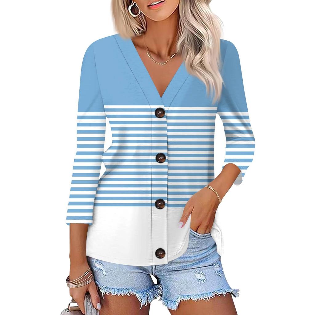 Women's Fashion Casual Printing Button-down Shirt 3/4 Long Sleeve Tops