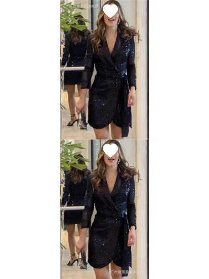 European & American Ladies' Fashionable Sequin Tie-Up Dress with Waist Cinch and Lapel 