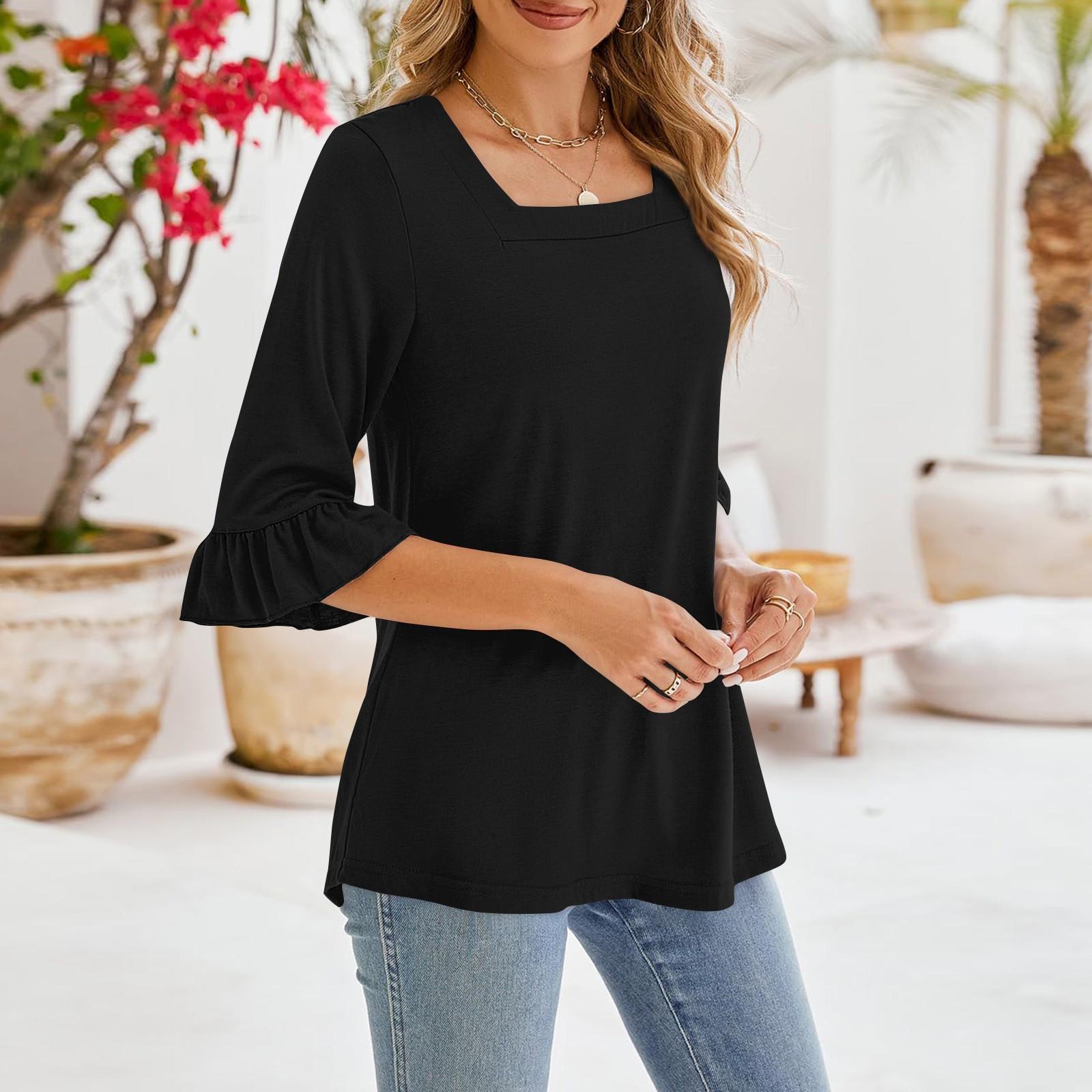 

Женские повседневные топы с рукавами 3/4, летние футболки с квадратным вырезом, свободные туники с рюшами, блузки-туники XXXL чёрный