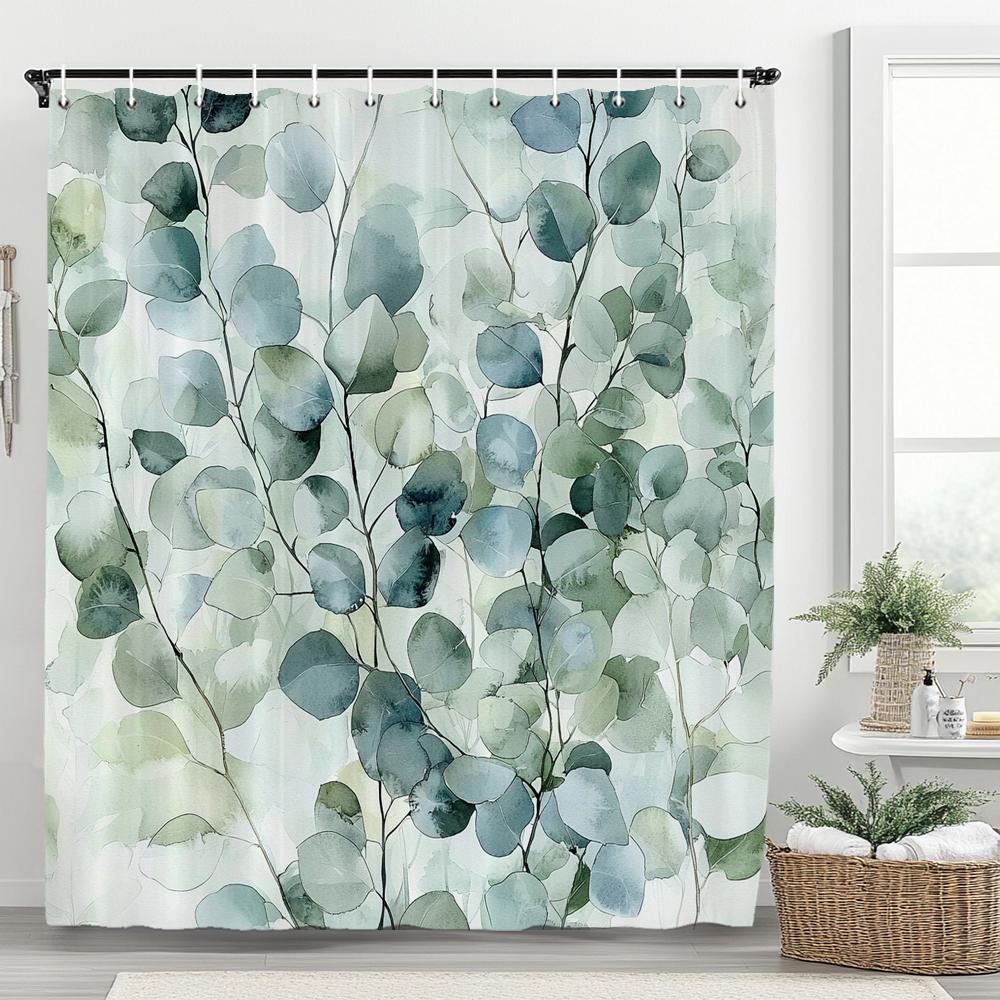 Green Leaf Shower Curtain, Plants and Eucalyptus Leaves Bathroom Decor, Waterproof Polyester Shower Curtain, Home Decor Curtain