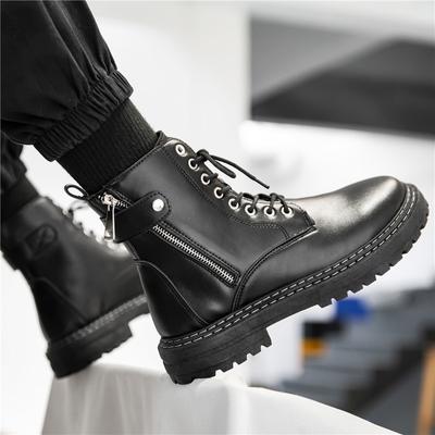 High Cut Lace Up British Style Boots Outdoor Casual Fashion Black Leather Boots Men's Zippered Motorcycle Boots