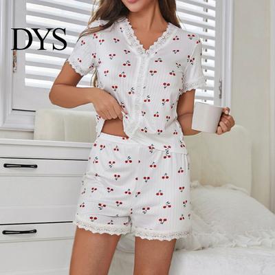 Lady Sleepwear Set 2 Pcs/Set Pajamas Suit Lace Splicing V Neck Short Sleeve Top Pajama Cherry Printing Comfort Homewear Outfit Casual Shorts Nightwear