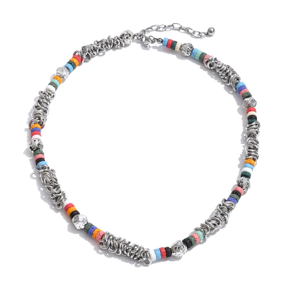 Yhpup 2026 Men Handmade Jewelry Stainless Steel Volcanic Rock Glass Stone Chain Necklace Popular Retro Jewelry