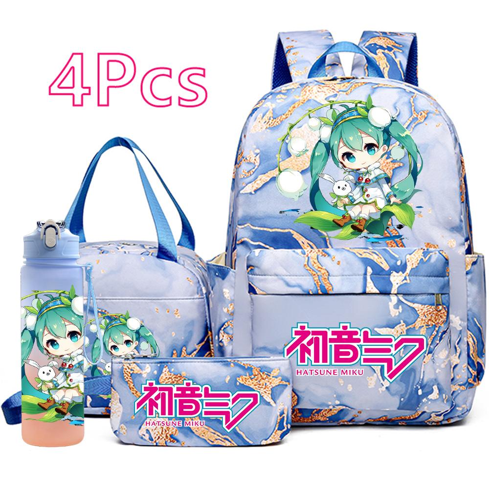 4 Stück/Set Hatsune Miku Aufdruck Rucksack Handtasche Federmäppchen 750ml Wasserflasche für Teenager Junge Mädchen Große Kapazität Wasserdicht Schultasche Schülergeschenk