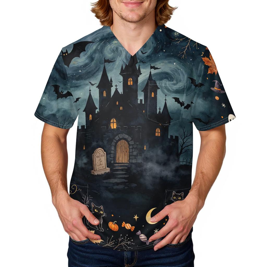 Men's Halloween Printed Medical Scrub Top V Neck with Tie and Pockets Comfortable Fit Daily Workwear for Healthcare Professionals