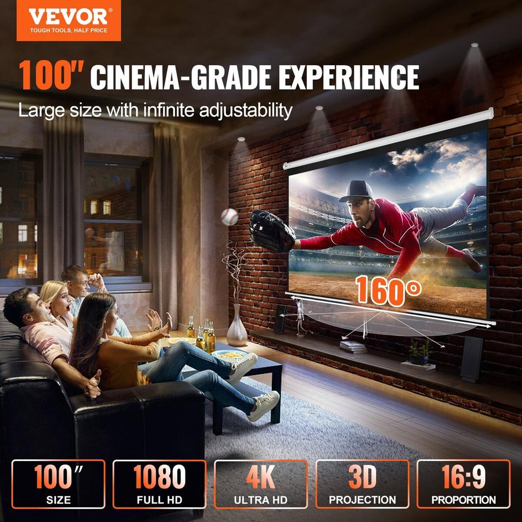 Manual Pull Down Projector Screen, 100 Inch 16:9 4K 1080 HD Retractable Projector Screen, Auto-Locking Portable Projection Screen, Portable Projector