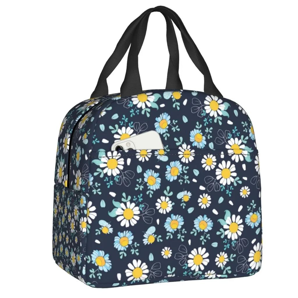 Floral Daisy Print Insulated Lunch Bag for Women Chamomile Flowers Cooler Thermal Lunch Tote Box Portable Picnic Food Bento Bags