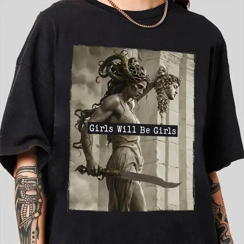 Girls Will Be Girls Graphic T-Shirt Medusa Statue Art Tee Women Aesthetic Casual L
