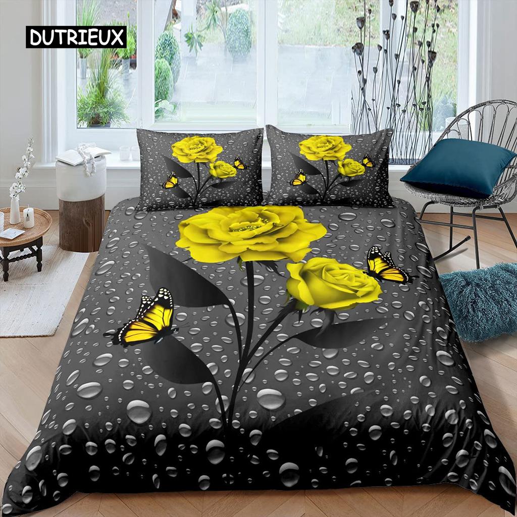 Rose Duvet Cover Set Women Chic Purple Floral Print Bedding Set Romantic Flowers Glitter King Size Comforter Cover for Couples