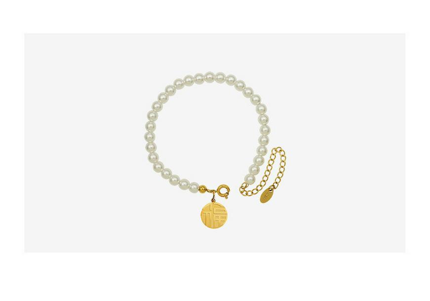 Chinese Round Fu Character Pearl Bracelet, Best Friend Women's 18K Gold Titanium Steel E242