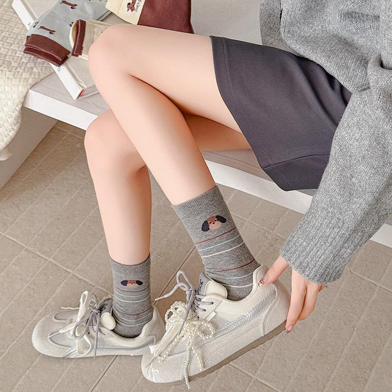 Female Spring and Autumn Spell Color Cartoon Cute Dachshund Dog Polka Dot Striped College Wind Cylinder Pile Socks
