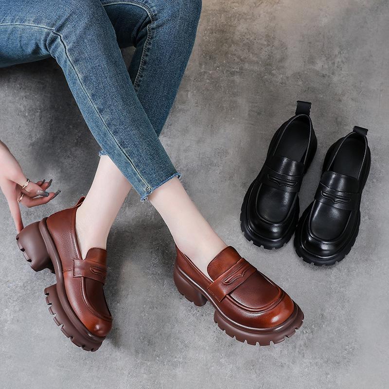 Women's Retro Cowhide Loafers with Thick, Soft Soles - Height-Increasing Leather Shoes for Spring and Autumn
