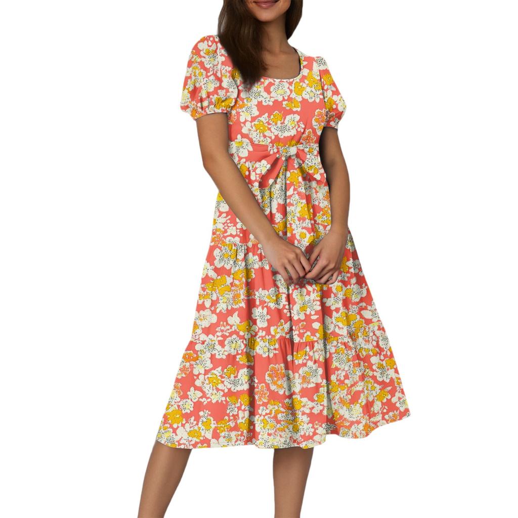Women's Summer Floral Print Short Sleeves Neck Waistband Bohemian Flowy Maxi Dress With Pockets