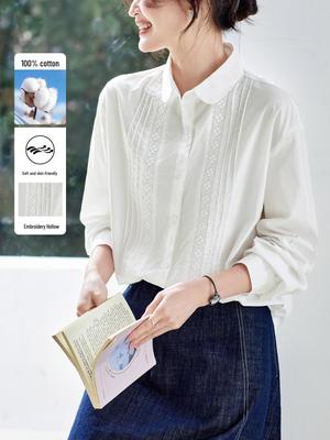 Women's Pure Cotton White Lace Trim Long-Sleeve Shirt - New Spring 2026 Chinese Style Top