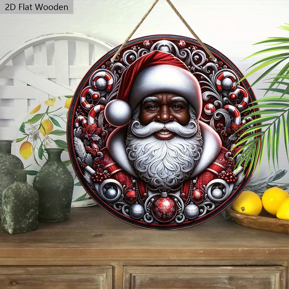 Black Santa Claus Wooden Sign - Navidad Round Sign for Yard Door Wall Hanging Decor - Ideal Christmas Decoration