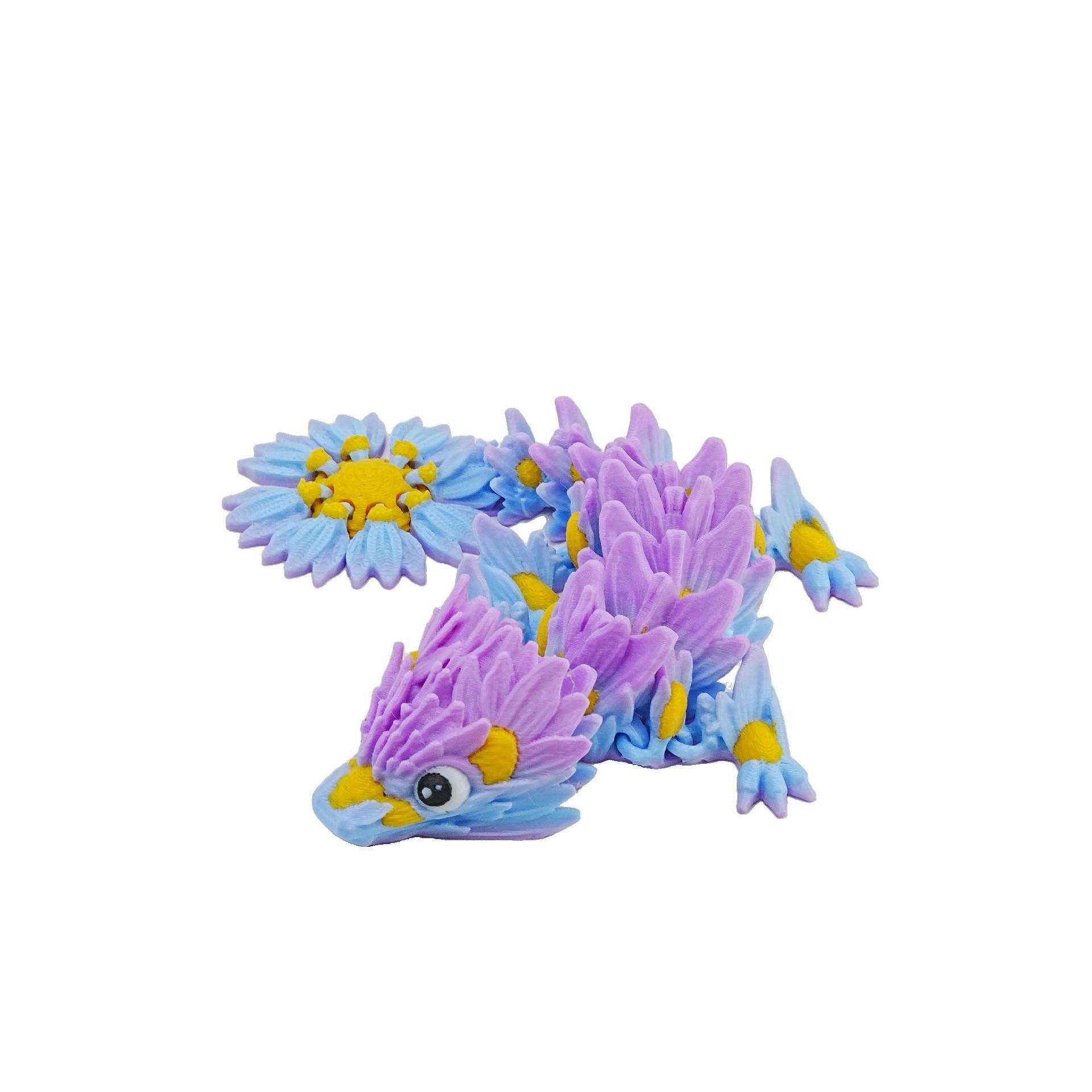 

3D Printed Flower Tail Dragon Toy Joint Movable Simulation Animal Dragon Model Home Office Decor Ornaments Kids Collection Gift 14cm фиолетовый