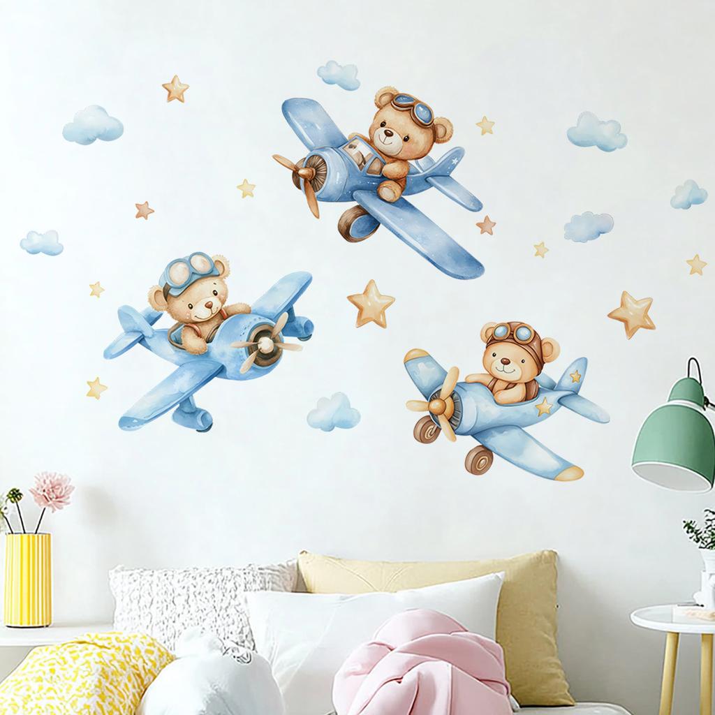 Cartoon Hand-Painted Bear Airplane Wall Sticker Kids Room Bedroom Entrance Home Wall Decoration Self-Adhesive