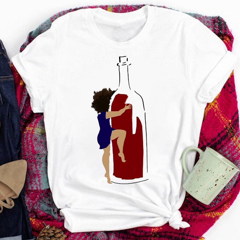 Red Lips Drinking Red Wine Women Printed Short Sleeve Casual Cartoon Fashion Clothes Print Tee Top Tshirt Female Graphic T-Shirt