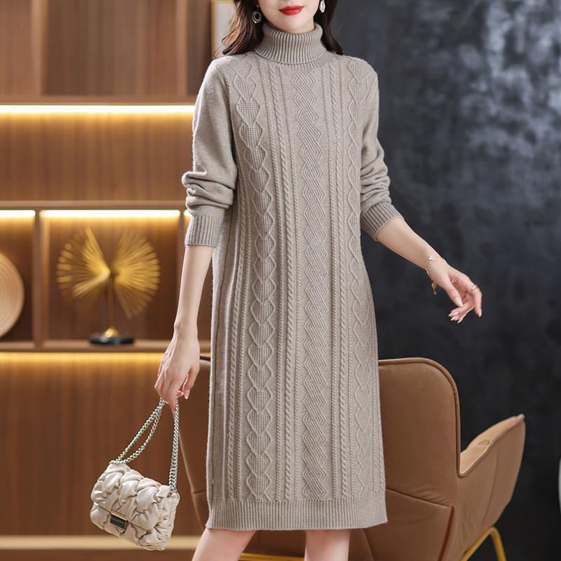 

Turtleneck Knitted Dress for Women In Autumn and Winter Solid-color Casual Mid-length Sweater Loose Long-sleeved Sweater Dress S хаки